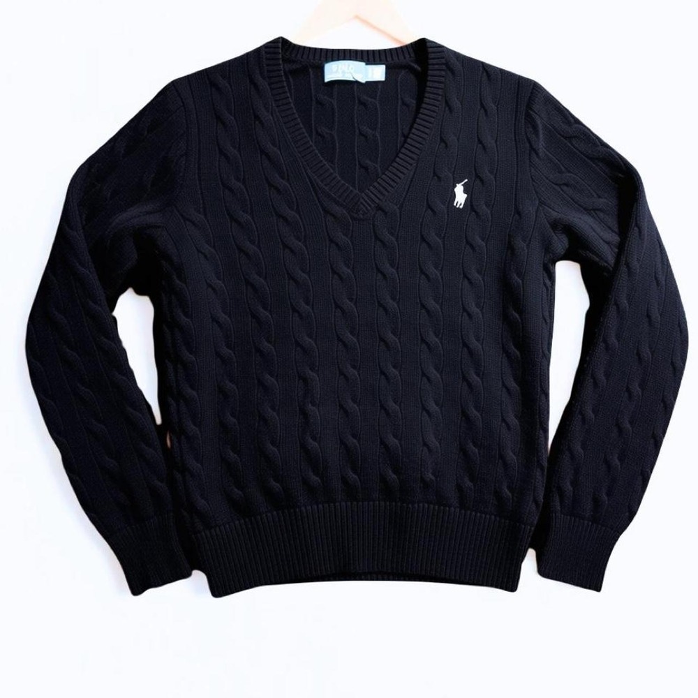 Polo Ralph Lauren Black Cable Knit Wool Cashmere V-Neck Sweater - Picture 1 of 8
